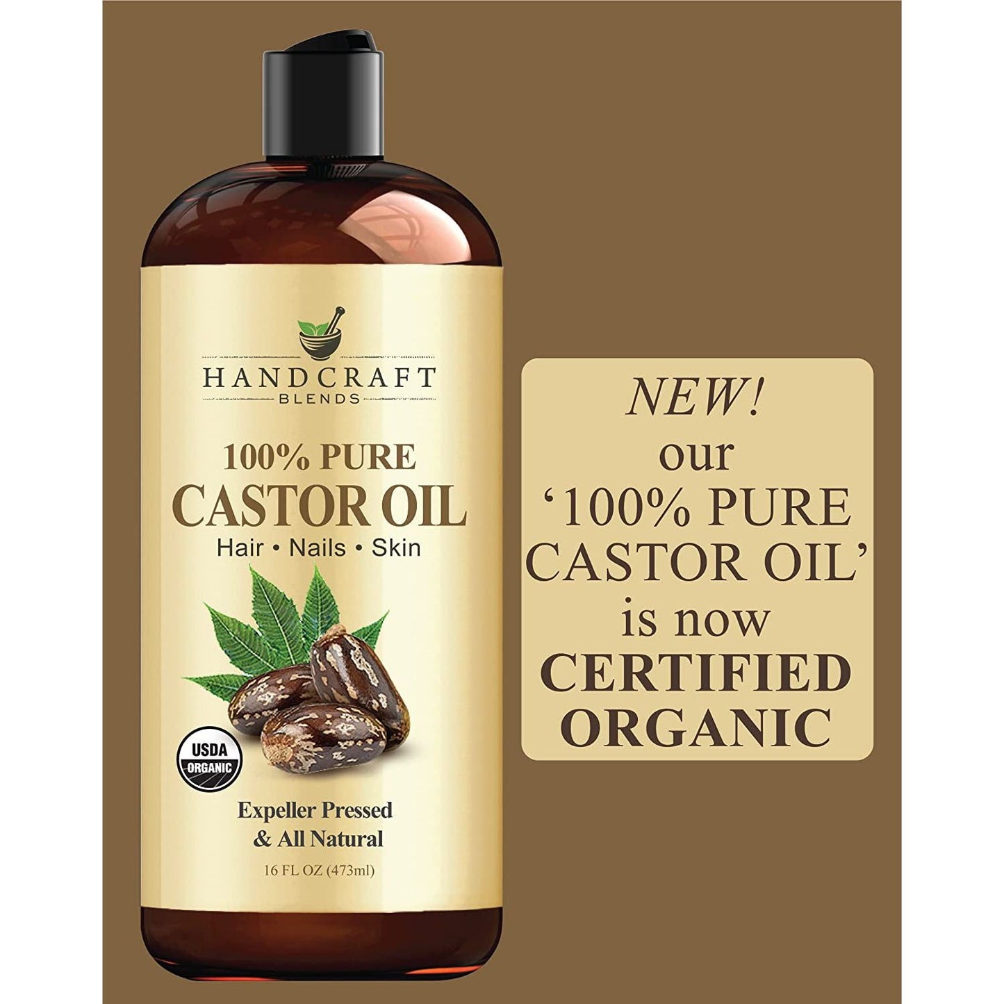 Organic Castor Oil - 16 Fl Oz - 100% Pure and Natural - Premium Grade Carrier Oil for Hair Growth, Eyelashes and Eyebrows - Hair and Body - Expeller-Pressed & Hexane-Free
