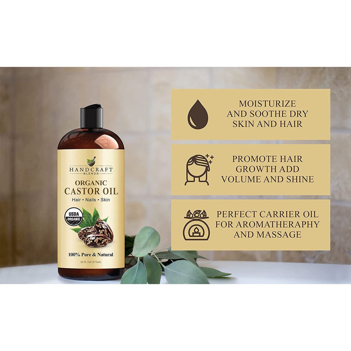 Organic Castor Oil - 16 Fl Oz - 100% Pure and Natural - Premium Grade Carrier Oil for Hair Growth, Eyelashes and Eyebrows - Hair and Body - Expeller-Pressed & Hexane-Free